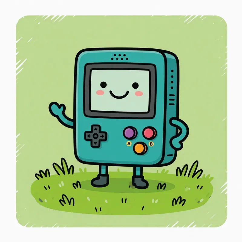 Teal cartoon handheld game character