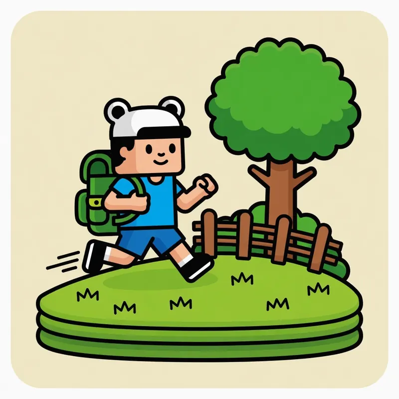 Cartoon adventurer running across a green hill