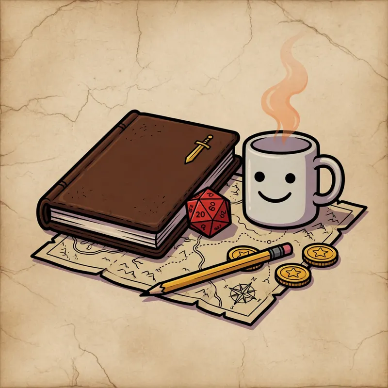 Illustrated rulebook, red die, and mug on a map