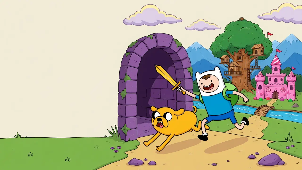Cartoon hero and yellow dog running out of a purple dungeon toward a treehouse